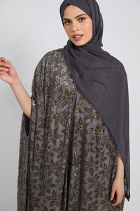 LEDUO Customized Elegant Luxury Women Eid Embroidered <b>Sequin</b> Floral Grey Open Style Abaya - Product Image 3