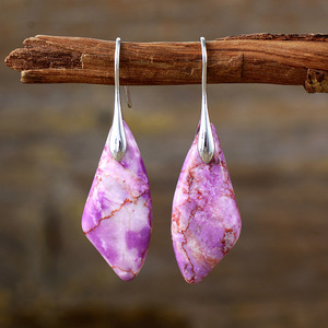 Pendientes colgantes de piedra natural bohemia, forma de lágrima morada, joyería de moda de aleación - Product Image 1