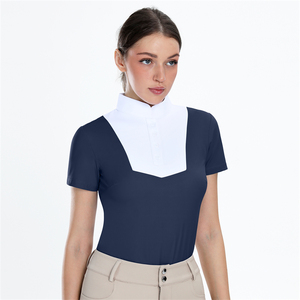 Vente en gros de chemises d'équitation pour femmes à manches courtes, dos en tissu maillé, deux couleurs, vêtements d'équitation avec boutons - Product Image 2