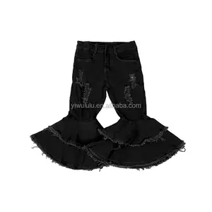 High Quality Black Girl Jeans Two Layer Ruffles Baby Pants Distressing Baby Bell Bottoms