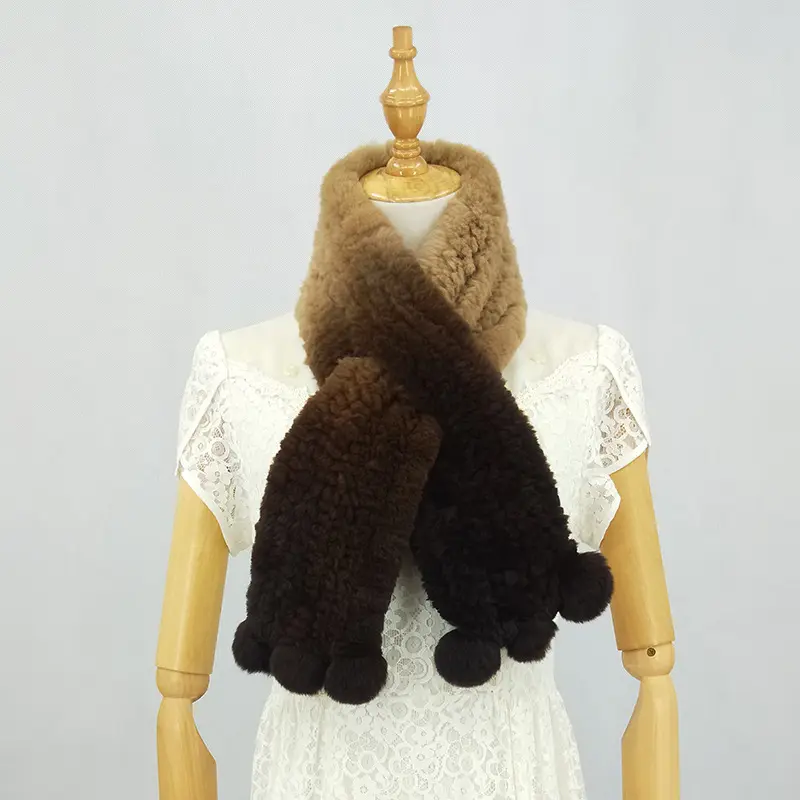Winter Fashion Cute Natural Rex Rabbit Fur Hand Hook Tie Dye Scarfs For Women Girls