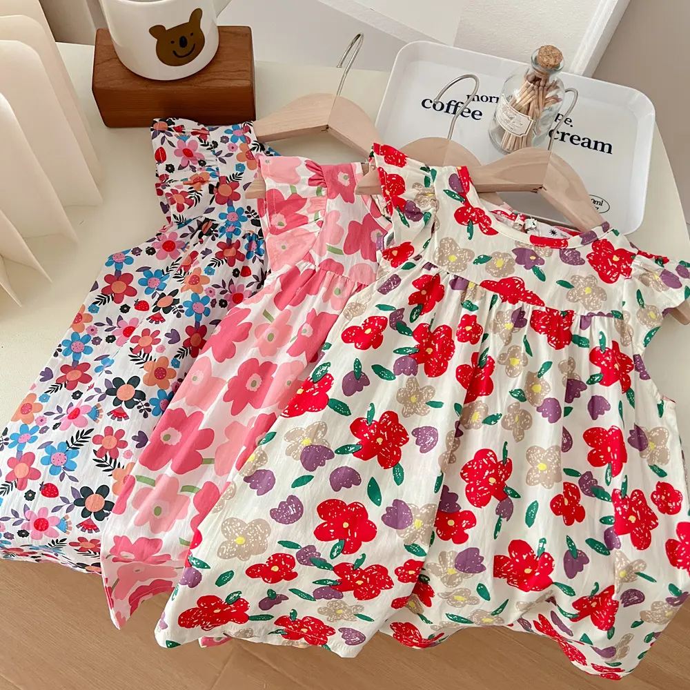 2024 Neues Design Feiertag Stil Kinderkleidung Mädchen Sommerkleid Kinder Fliegende Ärmel Blumen-Kinder-Prinzessenkleider