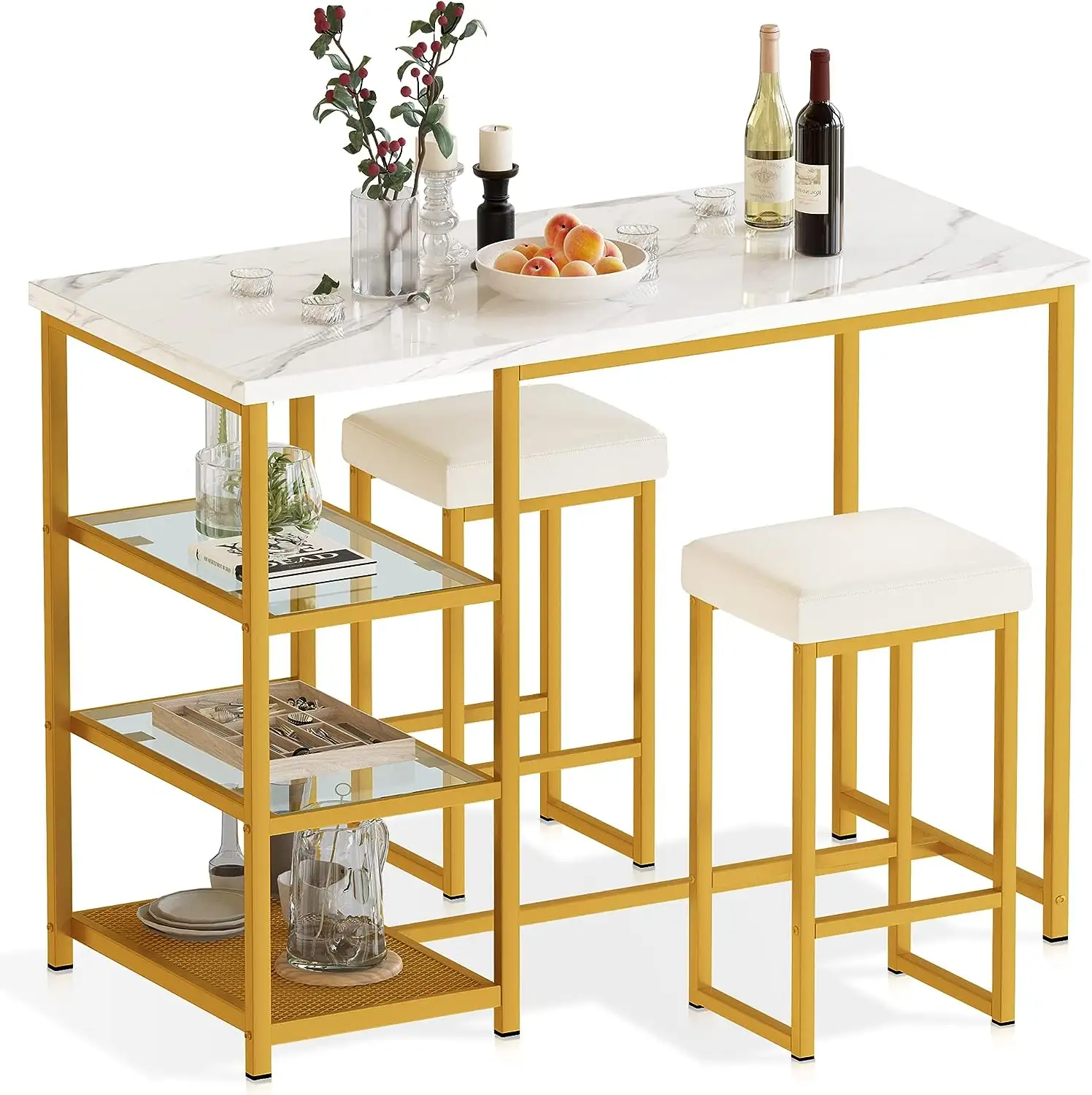 Современный модный и роскошный обеденный набор из 3 предметов белый стол с трехуровневой полкой для хранения вина стеллаж 2 Кожаные квадратные табуреты