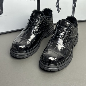 Black 100% crocodile leather Oxfords With Plush Lining Round Toe Lace-Up Winter <b>Dress</b> Shoes <b>Rubber</b> Outsole EVA Midsole - Product Image 2