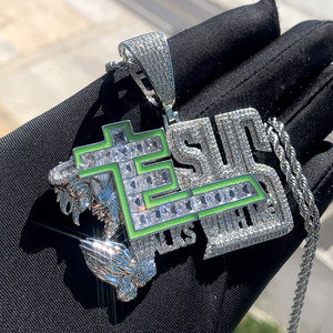 Jaune vert émail Fluorescence CZ lettres jésus marche avec <span class=keywords><strong>moi</strong></span> prier pendentif collier <span class=keywords><strong>pour</strong></span> hommes garçon Hip Hop glacé bijoux - Product Image 3