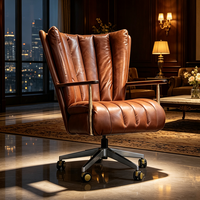 Chaise de bureau vintage à dossier haut en cuir véritable, pivotante, style exécutif, rétro, marron, avec accoudoirs en bois pour la maison, le bureau ou la salle d'étude.
