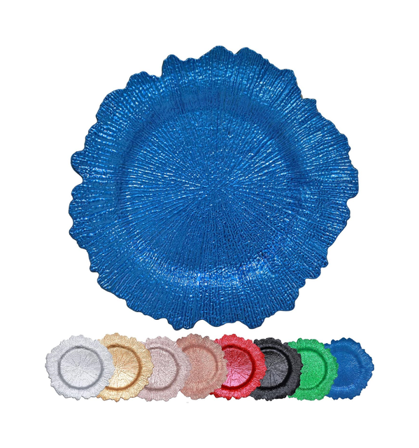 Royal Blue Reef Charger Plates 13inch, Set 10PCS Plastic Floral Charger Plates for Dinner,Wedding,Party,Event,Decoration