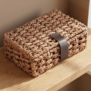 Water Hyacinth <b>Wicker</b> Natural Decorative <b>Storage</b> <b>Basket</b> <b>Lid</b> Rectangular Handwoven Shelf Box for Home Organization Desktop Decor - Product Image 4