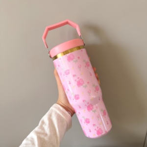 Bouteille d'eau isotherme en acier inoxydable de 40 oz avec poignée, style fleur, pour vente en gros – Gobelet extérieur avec paille - Product Image 5