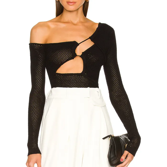 New design 2023 summer sexy cutout plain mesh blouse fashion long sleeve black tops for women club streetwear