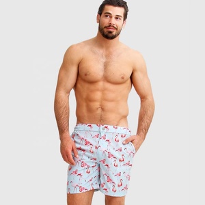 Shorts pour hommes en lin, décontractés, coupe classique et ajustée, taille mi-haute élastique, entrejambe de 5 pouces, à enfiler, imprimé flamant rose, pour l'été et la plage - Product Image 3