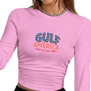 Camiseta de manga larga estilo Y2K para mujer con estampado patriótico del Golfo de América, cuello redondo, tejido de poliéster y elastano, para todas las temporadas. - Product Image 1