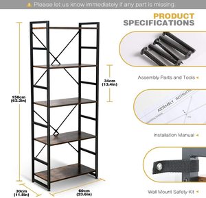 5-Tier Libreria In Legno Alto e Moderno Mensola di Esposizione Rack Spalancate In Piedi con Montature In Metallo - Product Image 4