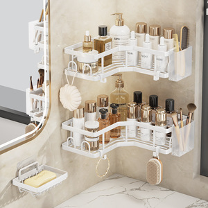 Lot de 3 étagères <span class=keywords><strong>d</strong></span>'<span class=keywords><strong>angle</strong></span> de douche, adhésives sans perçage, avec porte-savon et crochets, cadre métallique épaissi avec coupelles et crochets - Product Image 1