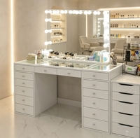 Table de toilette Voxhome avec plateau en verre blanc, miroir éclairé, armoire latérale, table à coiffeuse multi-tiroirs pour chambre à coucher, salon, meubles
