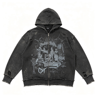 Sweat à capuche zippé noir anthracite vieilli, motif graphique Kornit DTG Statue Craquelée, coupe oversize, style streetwear