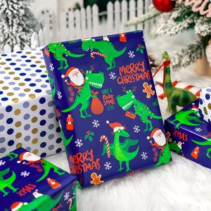 Blue Christmas <b>Wrapping</b> <b>Paper</b> Dinosaur Santa Pattern 17 Inch X 33 Feet Roll For Kids Gift Craft Recyclable - Product Image 2