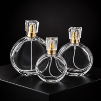 Flacons pulvérisateurs de parfum en verre transparent plats et ronds de 30 ml, 50 ml, 100 ml, vides, pour huiles parfumées, avec pompe dorée et capuchon en acrylique
