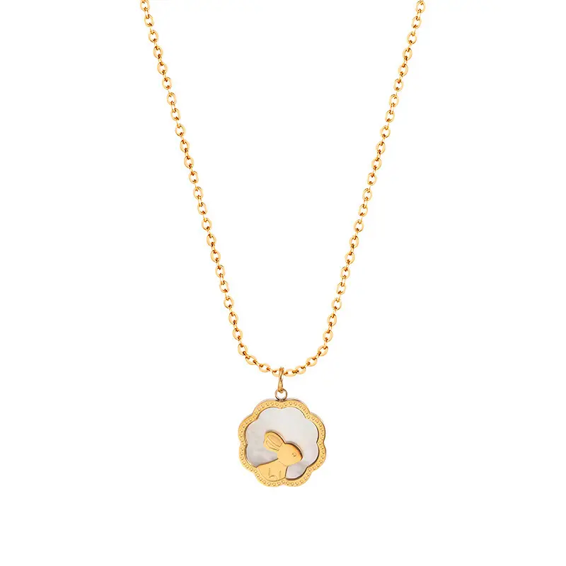 Cute Gold Plating Aço Inoxidável White Shell Coin Pendant Necklace Meninas Jóias Little Rabbit Pearl Necklace Para Senhoras
