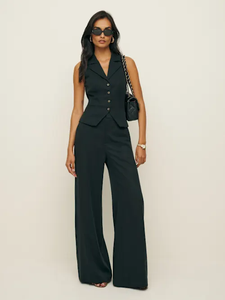 Ensemble <span class=keywords><strong>pantalon</strong></span> et haut pour <span class=keywords><strong>femme</strong></span>, col rabattu, sans manches, à lacets, couleur unie, coupe régulière, élégant, pour le bureau, 2 pièces - Product Image 5