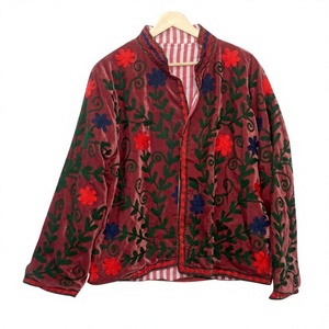 Veste courte pour femme en velours tricoté et tissé, matelassée, motif floral et rayures, broderie, rembourrage en coton, style Suzani, pour l'automne, l'hiver et l'été - Product Image 1