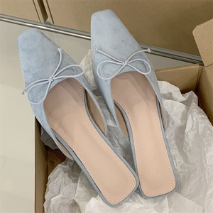 2025 New Retro Spring square <b>Toe</b> Flat slippers with Empty <b>Heels</b> and <b>Closed</b> <b>Toe</b> Shoes Solid Color Bow Non-slip Sandals - Product Image 2