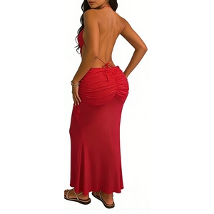 Vestido maxi ajustado <span class=keywords><strong>de</strong></span> malla transparente con cuello halter y espalda descubierta para mujer, moda Sehe - Product Image 2