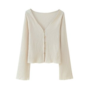 PB & ZA Set kadın 2 parça 2025 moda bir dokulu v yaka uzun kollu üst ve gevşek düz bacak pantolon takım elbise Vintage kadın takım elbise - Product Image 2