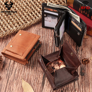 HUMERPAUL-monedero de cuero con doble cremallera para hombre, billetera masculina de cuero genuino con bolsillo para monedas - Product Image 1