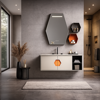Armoire de salle de bain au design hexagonal finition mate avec miroir intégré et rangement dissimulé, miroir rétroéclairé par LED