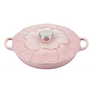 Poêle à frire peu profonde <span class=keywords><strong>en</strong></span> <span class=keywords><strong>fonte</strong></span> émaillée durable antiadhésive <span class=keywords><strong>avec</strong></span> <span class=keywords><strong>couvercle</strong></span> <span class=keywords><strong>en</strong></span> forme de pétale, poêle émaillée blanche <span class=keywords><strong>avec</strong></span> bouton doré, idéale pour un cadeau - Product Image 1