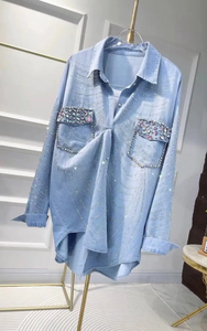 Nuovo 2025 primavera autunno tendenza alla moda a caldo foratura camicie in Denim camicette per <span class=keywords><strong>donna</strong></span> ampia Casual <span class=keywords><strong>Jeans</strong></span> top <span class=keywords><strong>donna</strong></span> - Product Image 2