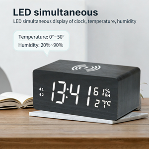Reloj de Mesa de Madera con Carga Inalámbrica Rápida para Decoración del Hogar, con Doble <span class=keywords><strong>Alarma</strong></span>, Volumen Ajustable, Brillo, Temperatura y Humedad - Product Image 5