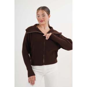 Brown Knitted <b>Zip</b>-<b>up</b> Collar <b>Cardigan</b> <b>Women</b> Casual Anti-Pilling Sweater Top - Product Image 3