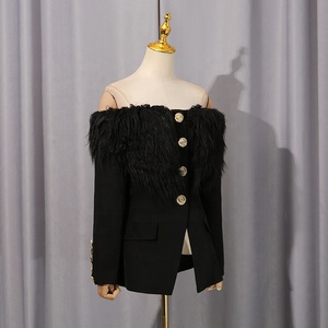 AIMEISI Nouvelle personnalité Street Style élégant une épaule <span class=keywords><strong>plume</strong></span> bouton irrégulier luxe <span class=keywords><strong>Blazer</strong></span> veste Blazers pour les femmes - Product Image 4