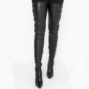 Custom Stiletto Heel Black Thigh <b>High</b> Boots Big Size 43 Side Buckle Hollow Sexy Women Long Boots <b>High</b> Heel Shoes - Product Image 2