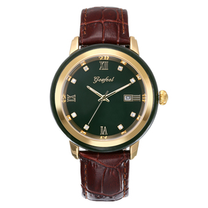 Montre de couple étanche 30M avec mouvement à quartz japonais et placage IP, cadran en jade Hetian vert et bracelet en cuir véritable, montres de luxe pour couple - Product Image 2