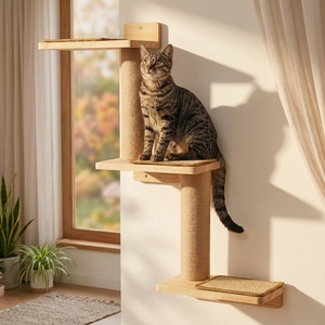 Escalier mural pour chat à 2 niveaux en bois naturel, durable, motif solide, avec tapis en sisal remplaçable, marches de observation, mobilier pour animaux de compagnie peu encombrant - Product Image 3