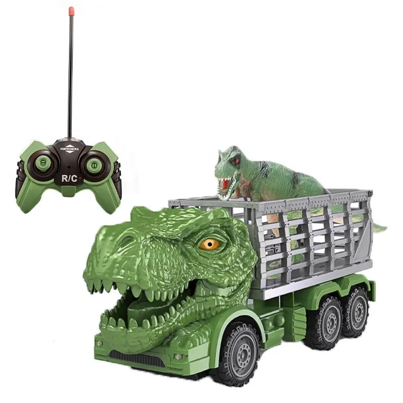 QS populer Radio pengendali jarak jauh mobil hewan 4CH mainan anak kendaraan RC lampu warna-warni kuat mainan truk dengan dinosaurus kecil