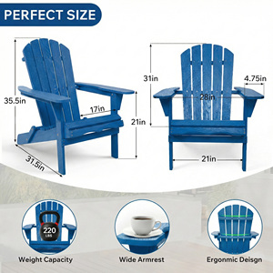 Chaise Adirondack en bois pour l'extérieur, le jardin, la terrasse, chaise longue pliante en bois massif, chaise de plage bleue pour la détente dans la cour - Product Image 4