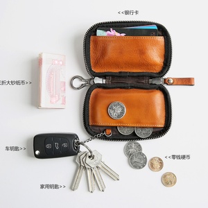 New Arrival Vintage Genuine Crazy Horse Leather Card Holder <b>Pouch</b> Short Zipper Coin Purse with Keychain Open Closure Type - Product Image 6