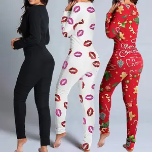 Toptan açık kasık yetişkin pijamaları kadınlar için popo Flap özel pijama tek parça baskılı Onesie