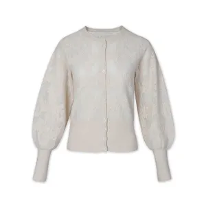 Cardigan en tricot à manches bouffantes en jacquard semi-transparent à col rond de conception unique pour femmes