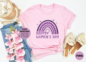T-shirt per la festa della donna, rosa, a maniche corte, con stampa arcobaleno, casual, girocollo, 100% cotone jersey, primavera estate - Product Image 1