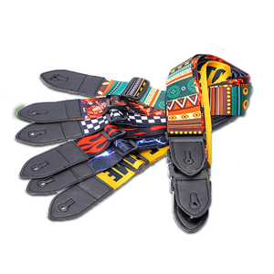 Correa de guitarra de cuero duradera con estampado de llamas en cuadros azules y blancos para guitarra acústica y bajo - Product Image 3