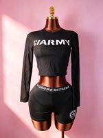 Ensemble 2 pièces sexy pour femme avec haut court en maille à manches longues imprimé lettres et short cycliste, tenue de sport décontractée et loungewear