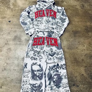 Thick Cotton French Terry Heavy Fleece Heayvweight 100% Cotton Dtg Custom All Over Print Flared Jogger Pants and Hoodie <b>Set</b> - Product Image 1