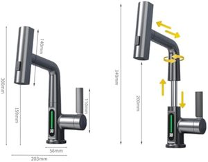 Vòi chậu rửa phòng tắm hiện đại Synchro có màn hình hiển thị nhiệt độ LED, 360 °   Vòi xoay, vòi thác nước & vòi phun kéo ra (Nóng/Lạnh) - Product Image 3