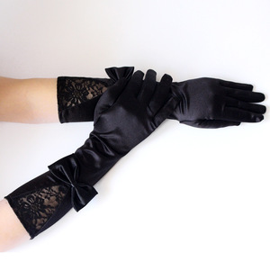MIO Fashion Élégantes Mitaines de Mariée Longueur Coude, Nœud Noir en Dentelle Nylon <span class=keywords><strong>et</strong></span> Satin Doux, Gants de Soirée pour <span class=keywords><strong>Femme</strong></span> - Product Image 1