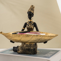 Objets décoratifs pour le salon Statue de femme noire africaine en résine Assiette à fruits Plateau tribal Feuille de rangement pour décoration de table